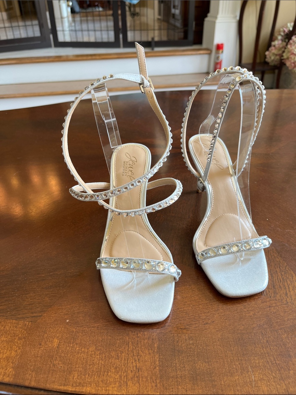 Badgley Mischka Silver Crystal-Strap Evening Heels